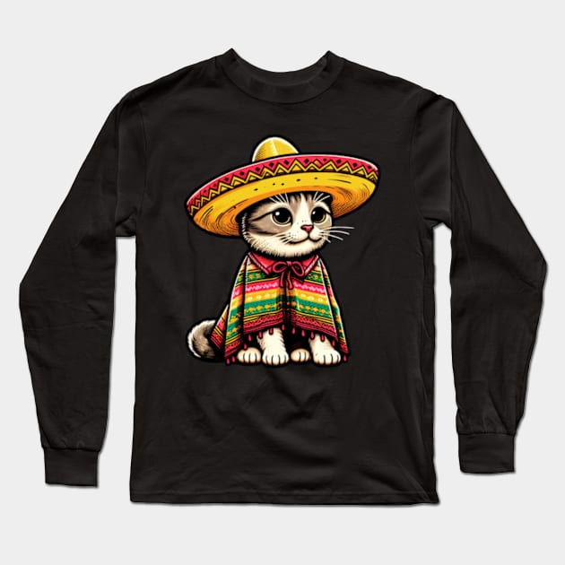 Cinco De Mayo Funny Mexican Cat Sombrero Poncho Men Women Long Sleeve T-Shirt by lostology